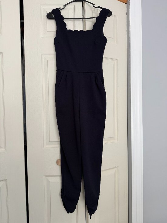 Aqua Pants - AQUA Navy Blue Scallop Trim Jumpsuit Tapered Leg Square Neck XS